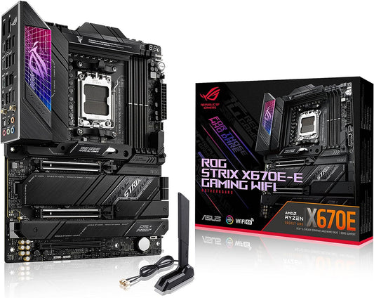 ASUS ROG Strix X670E-E Gaming WiFi AMD Ryzen AM5 ATX motherboard, 18+2 power stages, DDR5 support, four M.2 slots with heatsinks, PCIe 5.0, USB 3.2 Gen 2x2, WiFi 6E, AI Cooling II, and Aura Sync